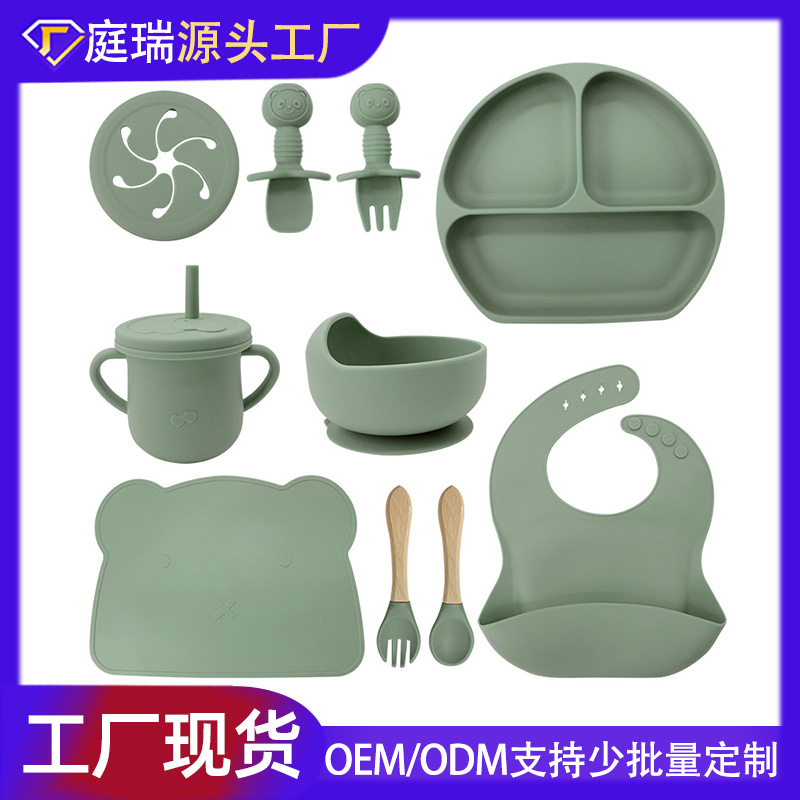 Conjunto de cubiertos de silicona para niños de grado alimenticio, platos de comedor de tres compartimentos, tazas de agua de silicona para bebés, tazas de silicona para estudiantes