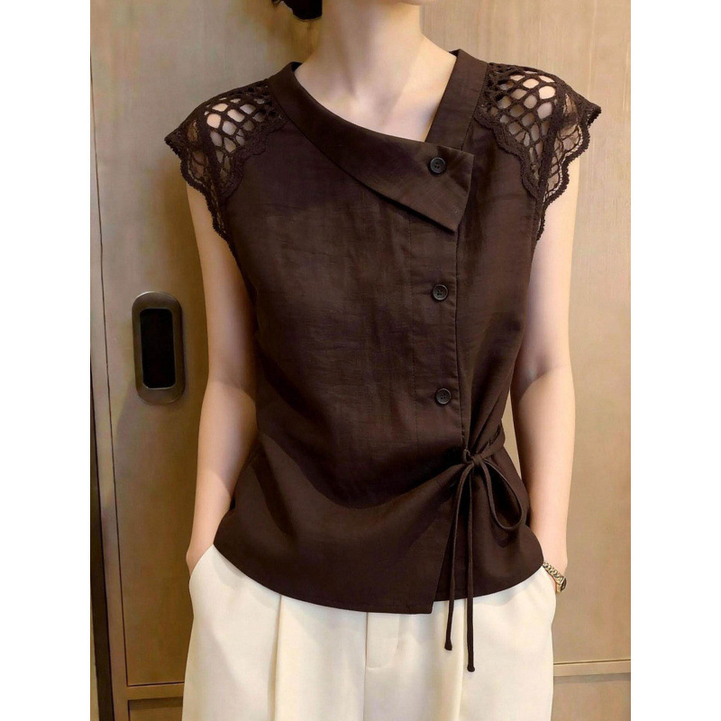 Commuter Style Lace Patchwork Hollow-Out Flutter Sleeve Shirt for Women, 2026 Summer New Design with Tie-Up and Button-Up Top Commuter Style Lace Patchwork Hollow-Out Flutter Sleeve Shirt for Women, 2026 Summer New Design with Tie-Up and Button-Up Top
