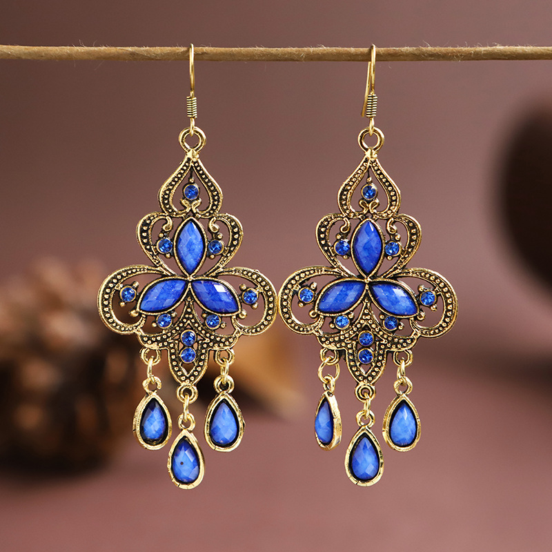 1 Pair Ethnic Style Water Droplets Metal Plating Inlay Artificial Gemstones Women's Drop Earrings display picture 2