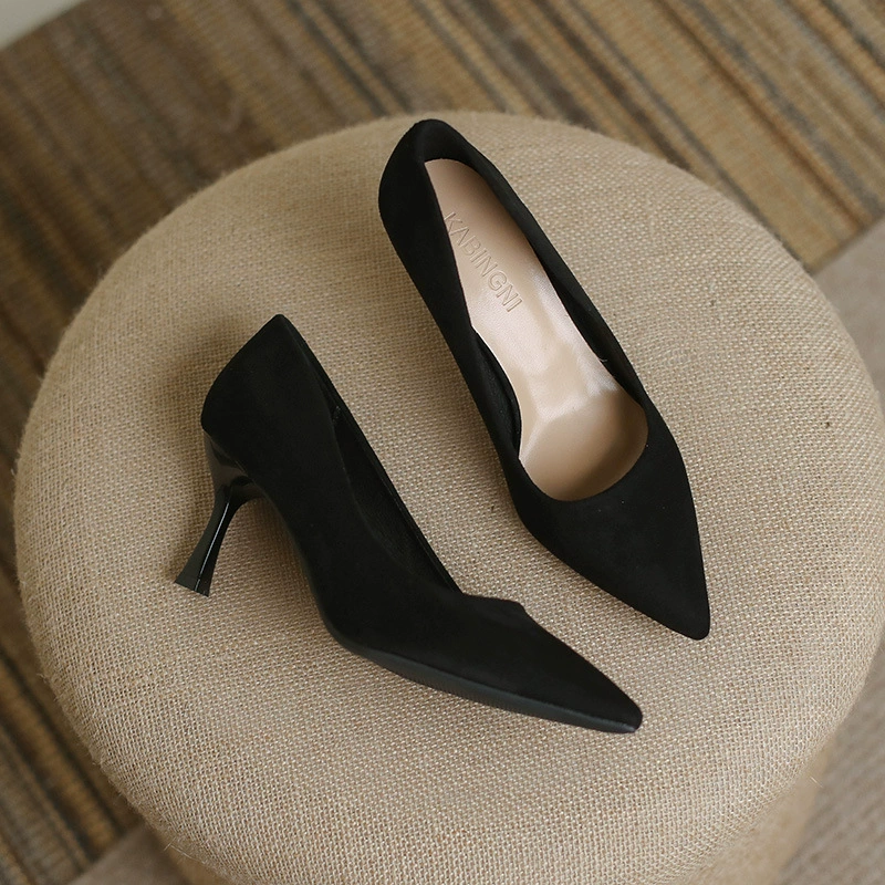 Дропшиппинг, новинка весны 2029, туфли на высоком каблуке, женские туфли на плоской подошве, женские туфли на шпильке с острым носком, черные рабочие туфли, женская обувь