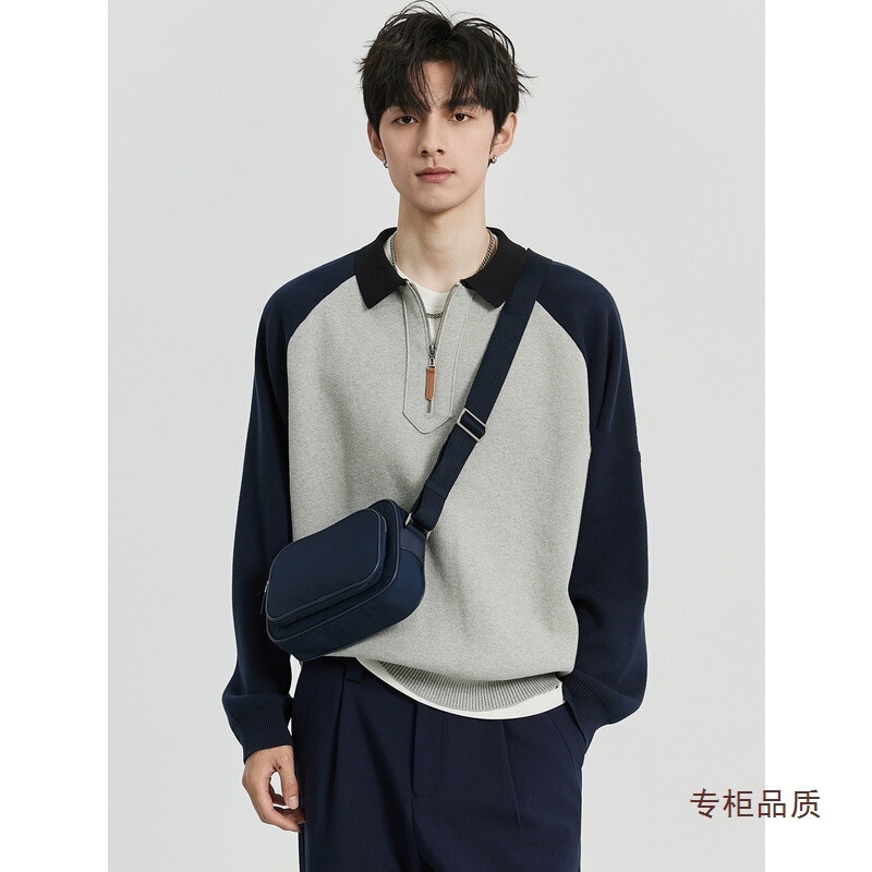 Contrast Color Half-Zip Polo Collar Pullover Knitwear Heavyweight 480g 23 Autumn and Winter New Korean Style Knitwear Jacket Contrast Color Half-Zip Polo Collar Pullover Knitwear Heavyweight 480g 23 Autumn and Winter New Korean Style Knitwear Jacket