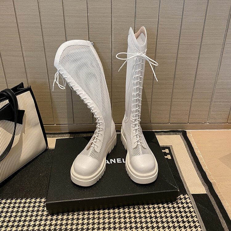 Boot lưới da thật cổ cao đế dày thoáng khí mùa xuân hè phong cách kỵ sĩ buộc dây — Màu nâu ống lớn, Màu đen cổ ống lớn, Ống nhỏ màu đen, Ống nhỏ màu be chi tiết 107