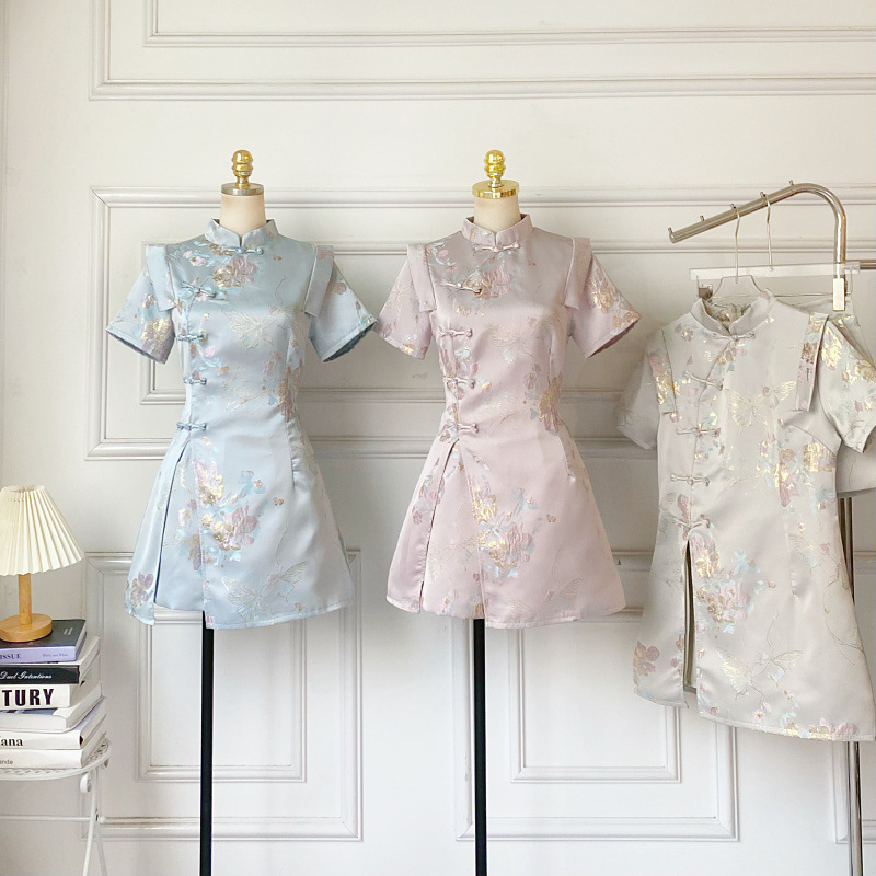 Cross-Border New Chinese Style Retro Elegant Button Short-Sleeve Cheongsam Dress + High-Waisted Slimming Wide-Leg Shorts Two-Piece Set