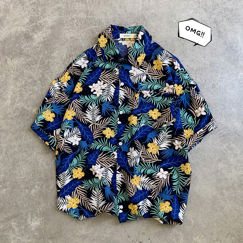 Estilo retro de Hong Kong Ruan guapo camisa de seda de hielo abrigo ropa de los hombres Hawaii playa floral camisa de manga corta de los hombres sueltos más tamaño