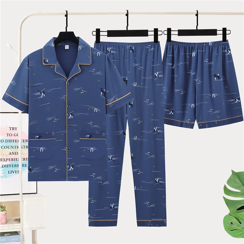 Pajamas de algodón de tres piezas de hombre, pantalones cortos de verano, pantalones cortos de manga corta, pantalones cortos delgados, pantalones cortos de tamaño grande, ropa para el hogar