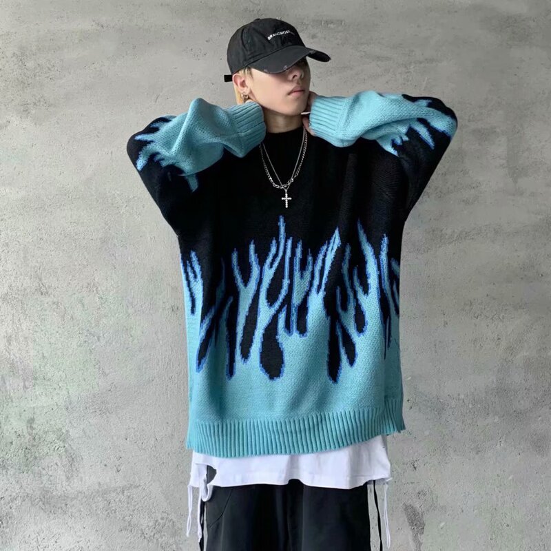 Hip-Hop Flame Jacquard Sweater Men's Hong Kong Style Ins Trendy Brand Design Sense Men's Pullover Autumn and Winter Loose Sweater Top