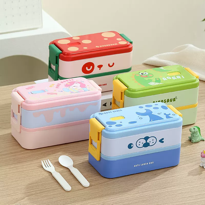 卡通儿童饭盒可爱分格便当盒双层侧扣lunchbox便携学生午餐盒叉勺