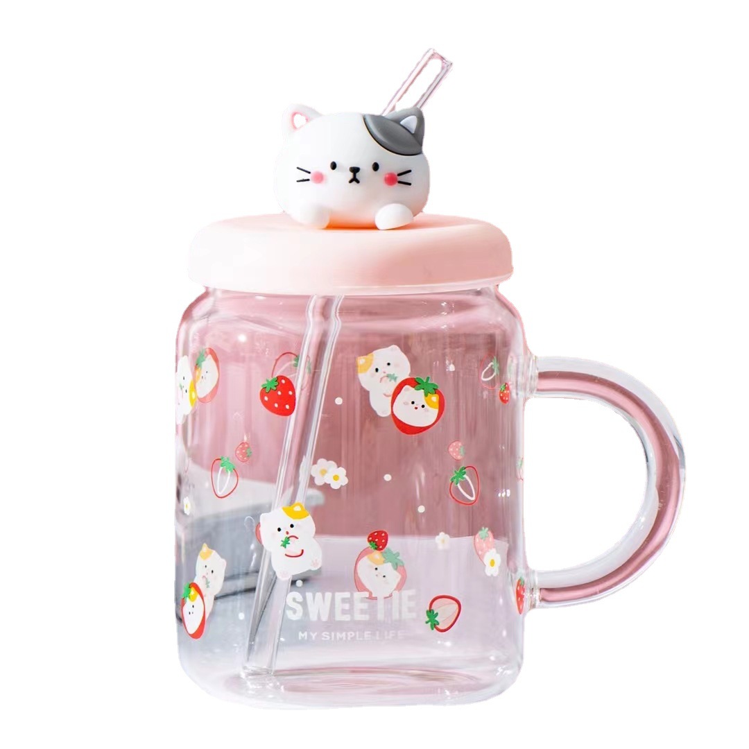 Personalidad creativa chica corazón rosa fresa gato paja taza de agua regalo gran capacidad Oficina Lemon dibujos animados