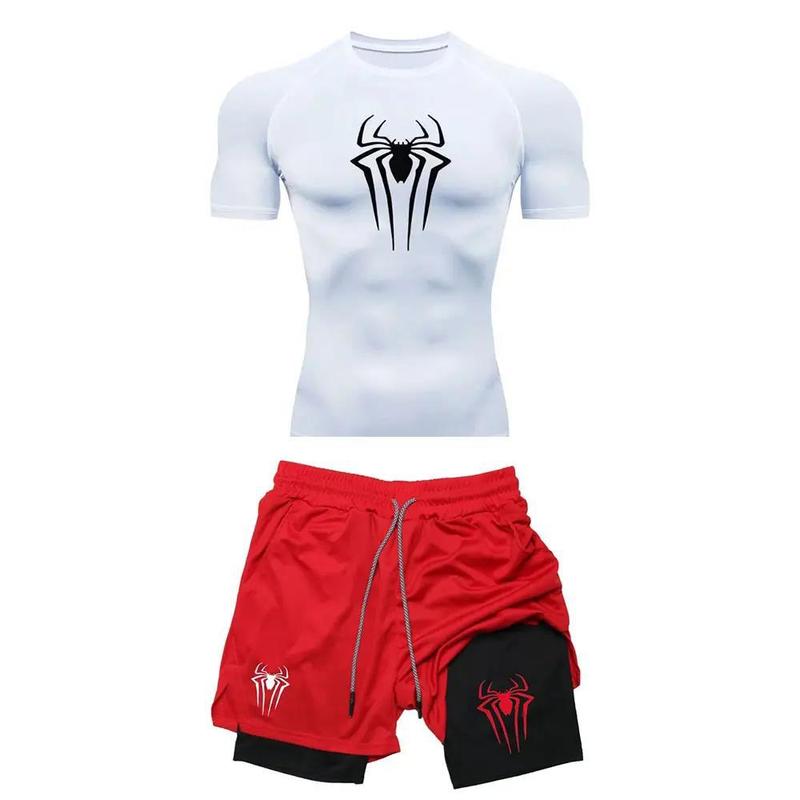 男子のトレーニング圧縮集Y2Kスパイダープリントジムtシャツ通気ランニングパンツ速乾運動皮|undefined