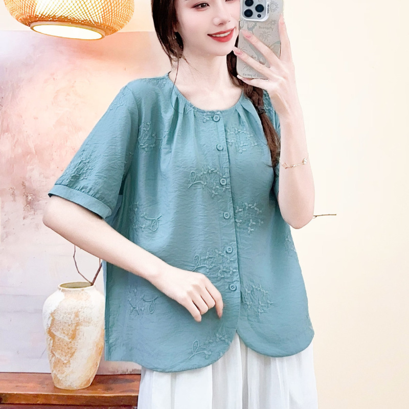 Casual Embroidered Blouse for Women, Summer 2026 New Style, Silk-Linen, for Middle-Aged Mothers, Artistic Retro, Loose Fit, Plus Size Shirt for Women Casual Embroidered Blouse for Women, Summer 2026 New Style, Silk-Linen, for Middle-Aged Mothers, Artistic Retro, Loose Fit, Plus Size Shirt for Women