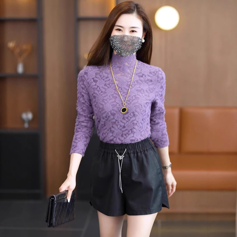 Half-high Collar Lace Base Shirt Women's Autumn and Winter High-end Sense Wood-ear Edge Foreign-style Inner Shirt Hollow Shirt Top
