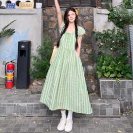 复古日系绿格纹抽绳系带连衣裙女2025夏季新时尚收腰显瘦中长裙子