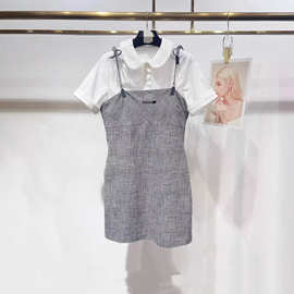 深圳南油26春夏款减龄少女风娃娃领衬衫千鸟格纹绑带连衣裙两件套