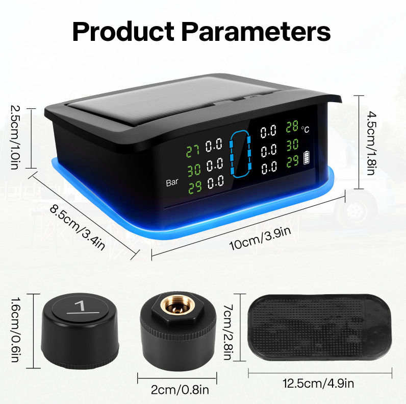 Tire Pressure Monitor Solar-Powered Tire Wireless System Sensor Temperature Pressure Ambient Light Abnormality Tpms