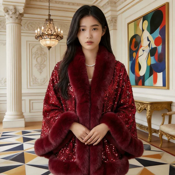 Winter Fur Collar Sequin Cape Shawl for Women, Autumn and Winter Thickened and Warm, Foreign Trade Cross-Border Wholesale Fur Collar