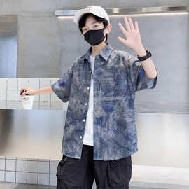 男童短袖衬衫夏季薄款2026新款大童夏装男孩洋气儿童衬衣帅气时髦