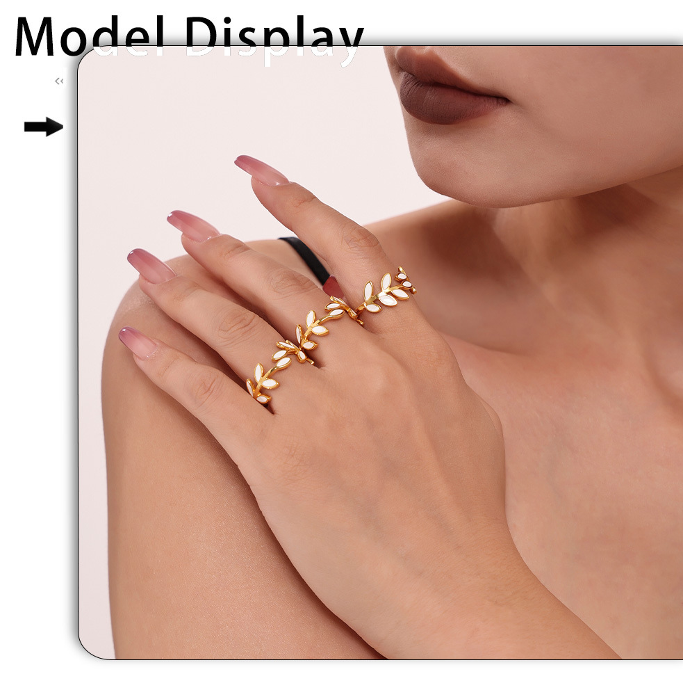 Bague carrée personnalisée en acier inoxydable PVD, motif goutte d'huile et feuille, finition sous vide, anneau ouvert._voghion.com