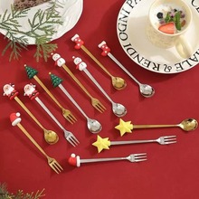 圣诞节勺子餐具套装 卡通圣诞树勺子麋鹿叉子节日礼盒甜品勺礼品