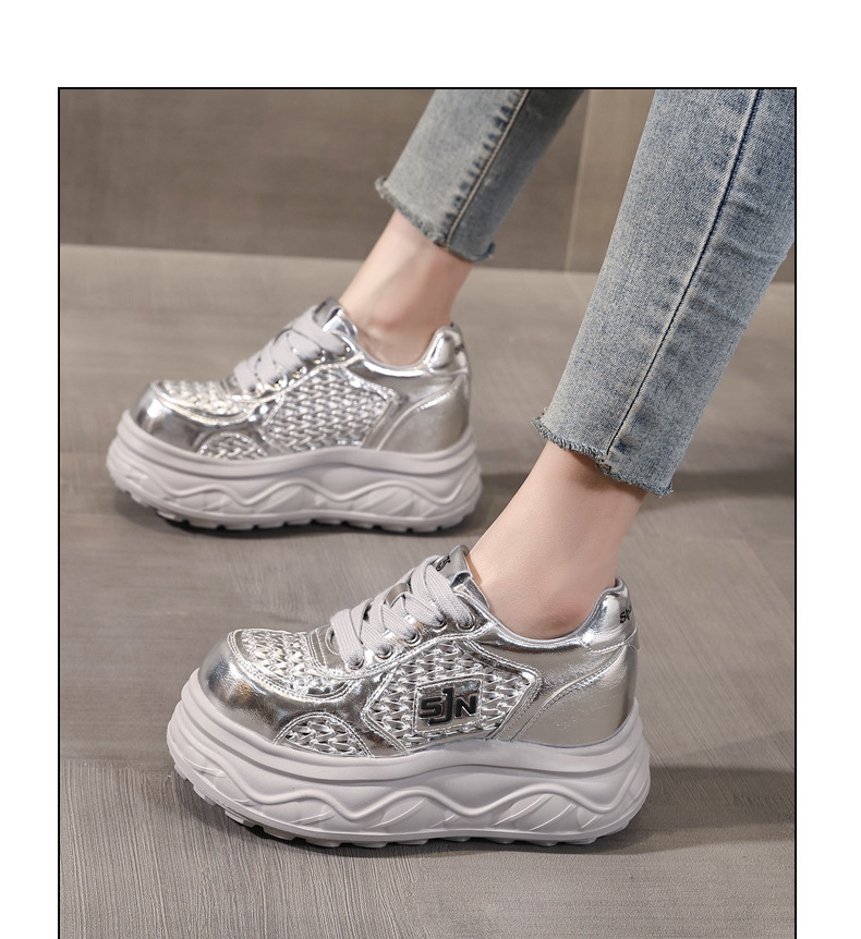 Giày sneaker nữ đế dày tăng chiều cao, thiết kế rỗng thoáng khí, phối trắng cơ bản — màu đen chi tiết 11