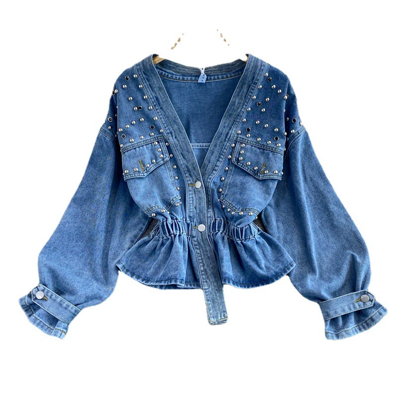 Джинсовая осенняя куртка, fashionable short brace, корейский стиль, V-образный вырез