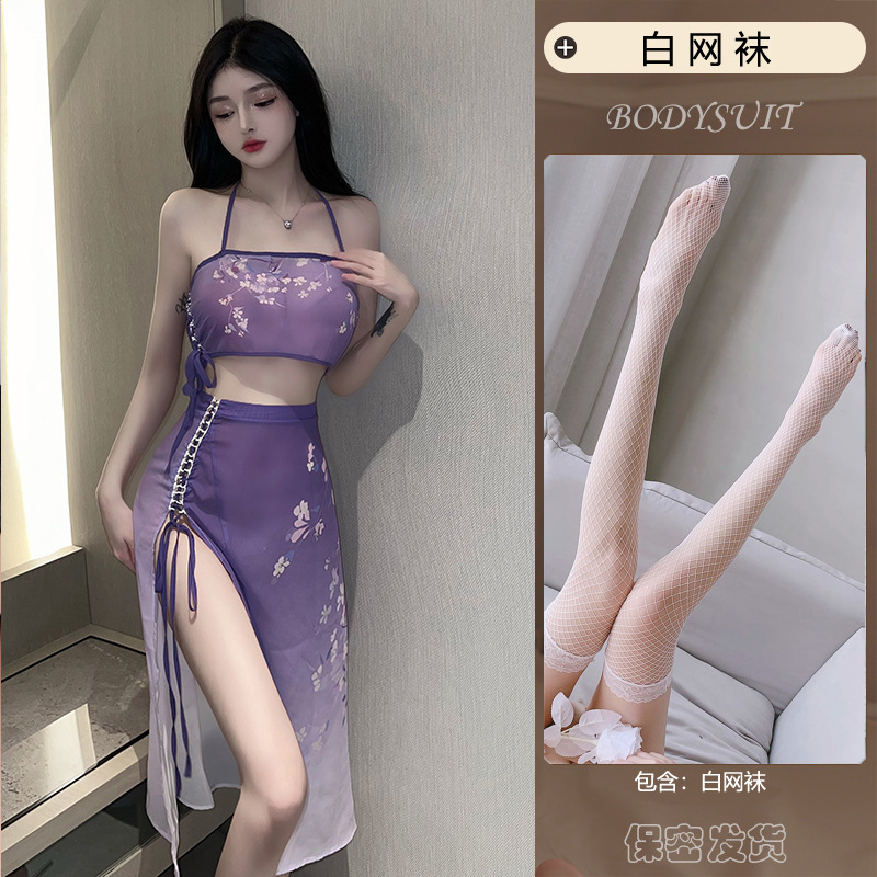 보라색 + 흰색 작은 망사 스타킹