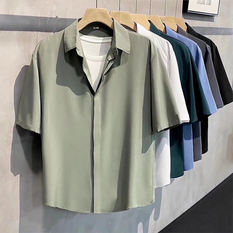 Summer Skin-friendly Ice Silk Breathable Short-sleeved Shirt Men's Trendy Simple Pure Color Ploppback Handsome Casual Middle-sleeved Shirt for Men