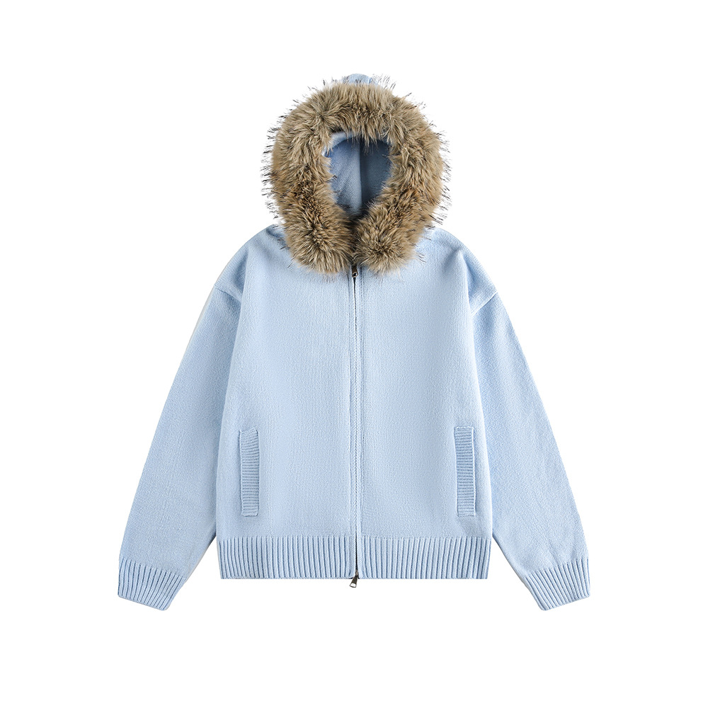 "Retro Detachable Faux Fur Collar Cardigan – Unisex Hooded Sweater Coat (Flower Gray/Black/Bluish/Apricot, S-XXL)"_viptrois.com