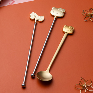 ♪ Hellokitty Cat Head Golden Small Spoon Stainless Steel Stirring Stick Household Simple Coffee Spoon Long Handle Stirring Stick