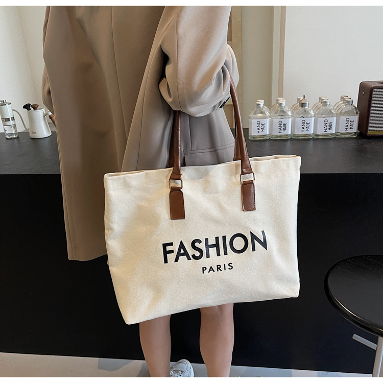 262g Weight Polyester Lining Material Open Closure Type Single Shoulder Strap Strap Type Tote Bag Bags Type Holiday, Daily Occasion Canvas Material Letter Pattern All Seasons Season Women's Gender Classic Style Style Square Shape Large Size Women's Large Canvas Letter Classic Style Square Open Tote Bag 7