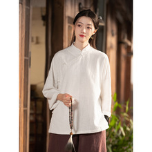 25秋棉麻中式女装复古立领棉麻盘扣上衣衬衫女式亚麻砂洗禅修茶服