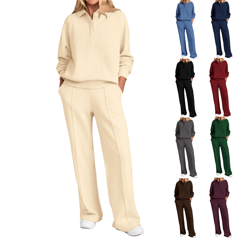 2025 Amazon Spring and Autumn New Casual V-Neck Long Sleeve Loose Top Wide Leg Pants Two-Piece Sports Suit for Women