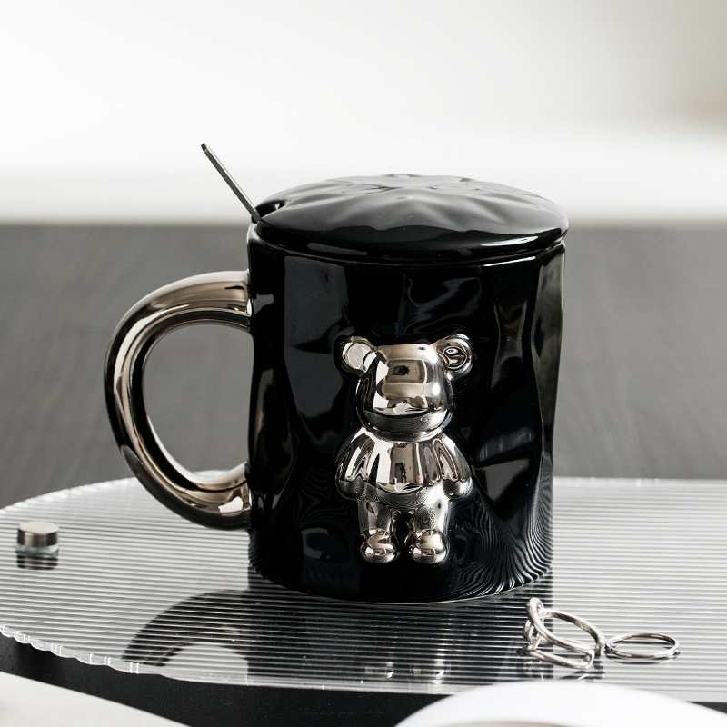 Oso tridimensional ins estilo Taza de cerámica con tapa cuchara personalidad tendencia Internet celebridad chica Oficina beber taza de té