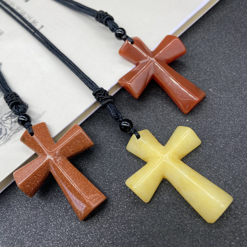 Natural Stone Christmas Gift Agate Braided Semi-Precious Cross Necklace Sweater Chain Casual Christian Gift