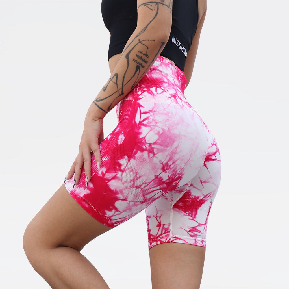 En stock sin costuras Peach Hip tie-dye pantalones cortos de yoga cintura alta slim fit Pantalones deportivos estiramiento transpirable pantalones cortos de fitness