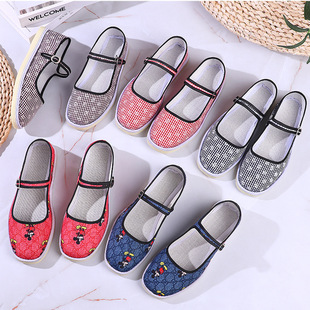 Spring New Style Handmade Thousand-Layer Upper Line Craft Old Beijing One-Word Buckle Shallow Floral Cloth Women's Shoes Ethnic Style Soft Sole Shoes