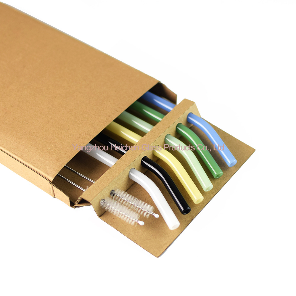 Amazon Venta caliente manchado traje de paja vidrio protección ambiental resistente al calor bebida leche codo 0,8*20cm6 tubo 2 Cepillos