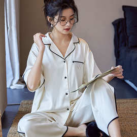 春秋季新品女士冰雪丝薄款睡衣简约休闲短袖长裤家居服套装可外穿