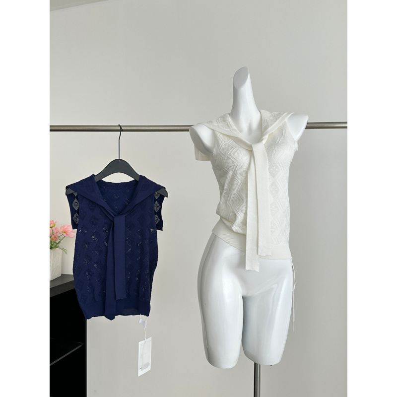 Senna Knitwear 2025 Summer New Thin Breathable Navy Collar White Vest Top