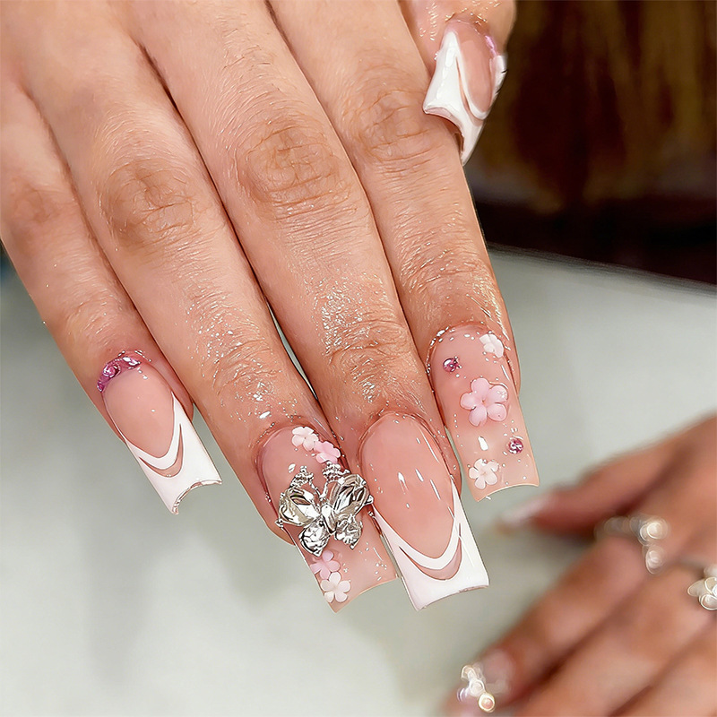 Cross-Border European and American Coffin Nails Ins Style Wearable Nails White French Flower Bow Diamond Manicure Nails