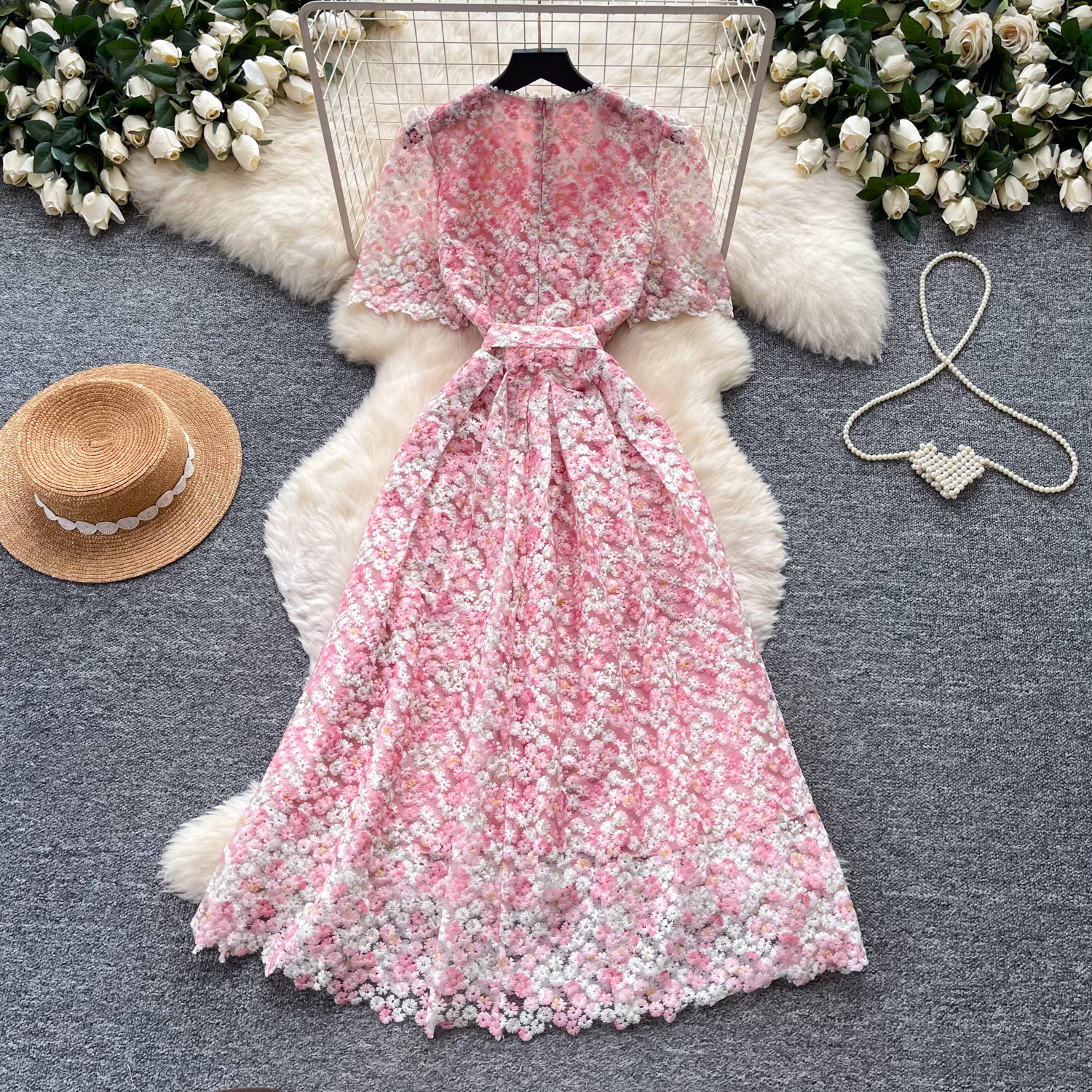Women's Pink Lace Hollow Out Dress Short Sleeved High Waisted A-Line Skirt Elegant Slimming Commute Summer Dress_ecoleips.com