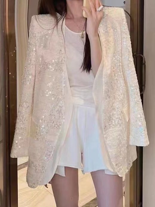 欧货气质名媛亮片西装外套女2025春秋新款闪闪上衣正肩西服|undefined