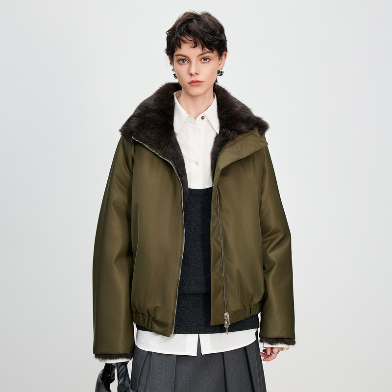 2025 New Autumn and Winter Women's Korean Style Casual Rabbit Fur Liner Mid-Length Jacket Nylon Fur Warm Jacket