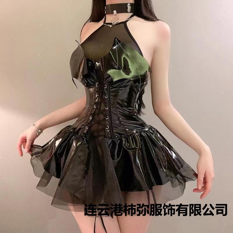 Mute Sex Underwear Patent Leather Devil Wings Uniform Role Play sm Passion Vessel Skirt Neck Leather Clothes Short suit