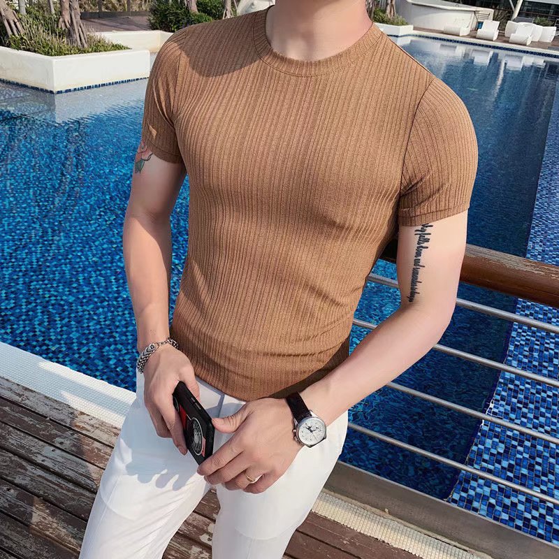 여름 얇은 라운드 넥 반팔 티셔츠 한국식 슬림핏 스트라이프 아이스 실크 베이스 셔츠 티셔츠 트렌디 브랜드 타이트 남성 탑