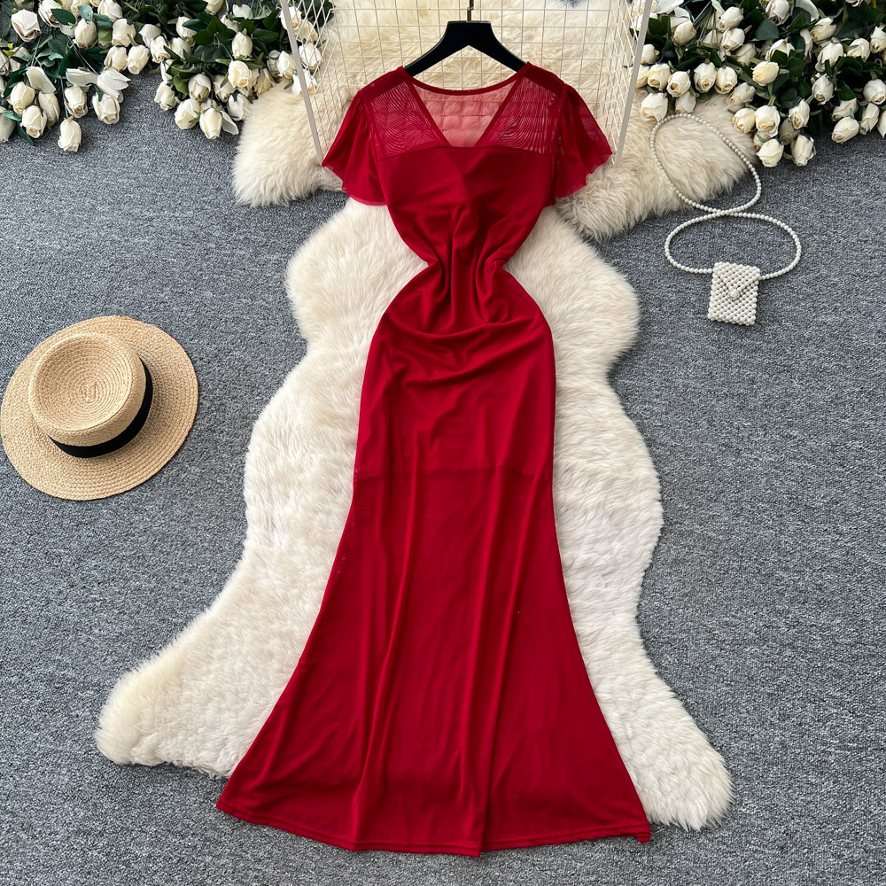Elegant Red Short Sleeved Dress for Women Korean Style Pleated A-Line Long Skirt Sophisticated Flattering Slimming Work Dress_ecoleips.com