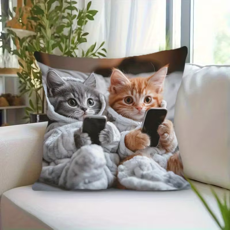 Cross-Border Hot-Selling Plush Cat Playing with Phone Printed Pillowcase Bedroom Living Room Sofa Decorative Cushion Home Decor