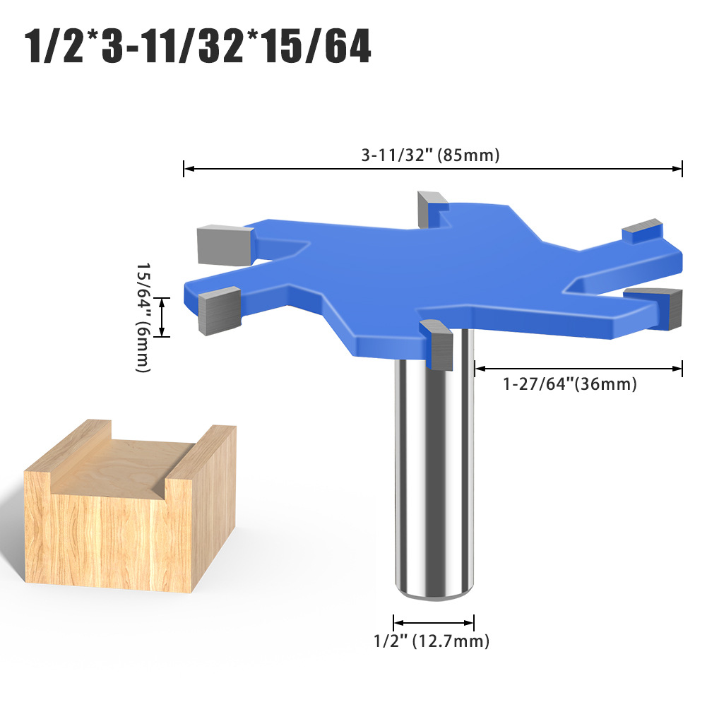 Cuchillo en forma de T de cuatro dientes de 6 dientes 1/2 mango Herramienta de carpintería de mango de 12mm Cuchillo de ranura en forma de T alargado Cuchillo de ranura Cortador de fresado en forma de T Cuchillo Tenon