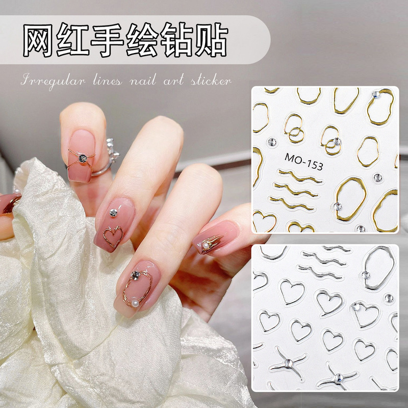 Nail art stickers crystal diamond line relief diamond hollow geometric love with diamond metal nail decorative stickers