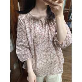 样样韩国正品东大门代购 慵懒风花色宽松圆领舒适七分袖衬衫