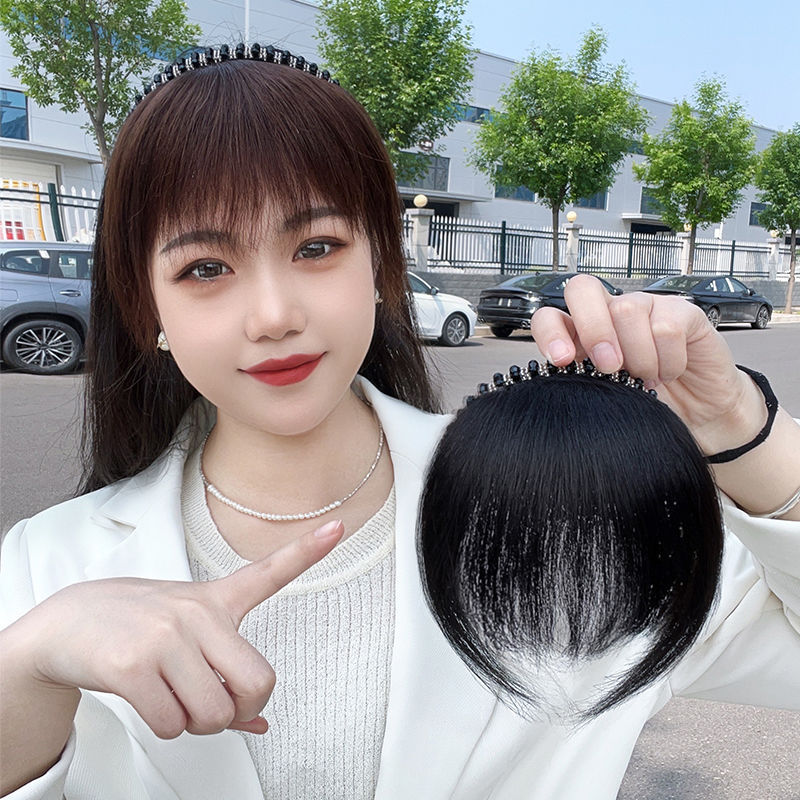 Hairband Bangs Wigs Women's Real Hair Preface Sideburns Cover White Hair Rhinestone Hairband Air Straight Bangs Hairline Reissue